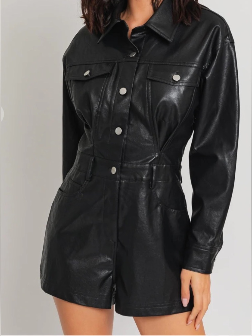 Black Faux Leather Button-Front romper